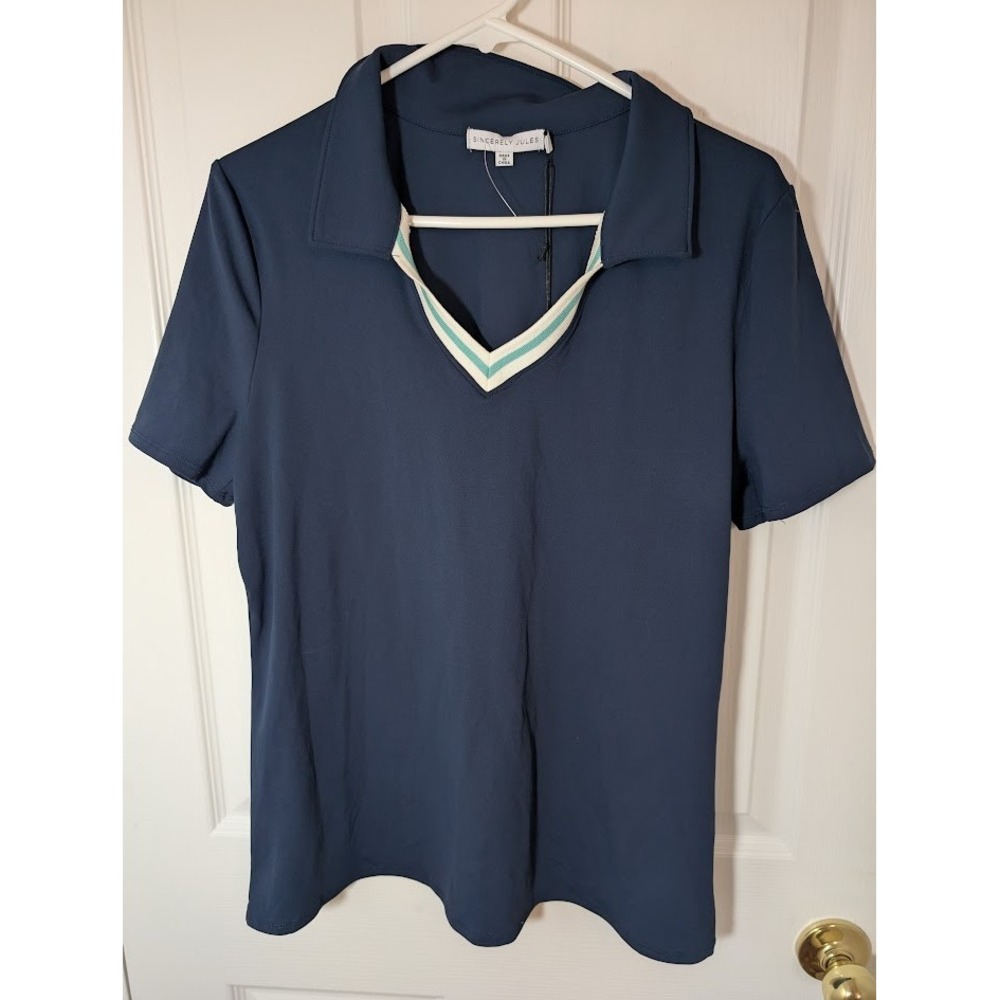 Sincerely Jules Polo‎ Shirt V-Neck Short Sleeve Top Casual Blue Size M New